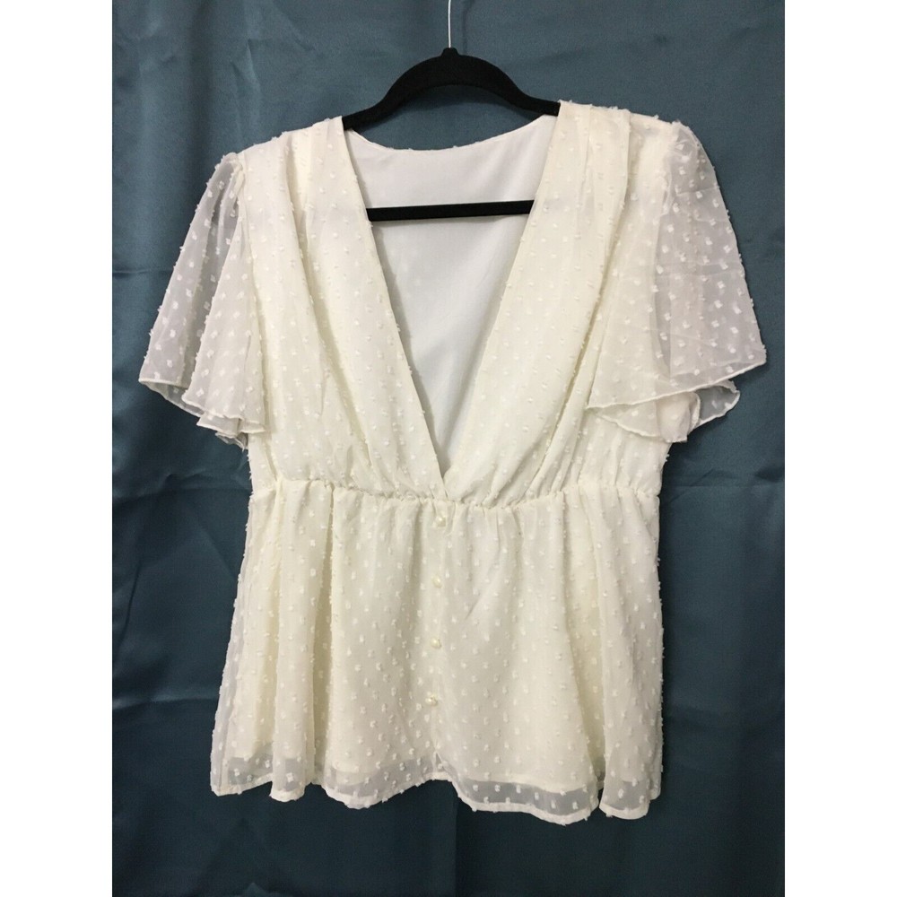 Women's Top Size Large Baby Doll Deep V Neck Swiss Dot Peplum Easter Ivory Large